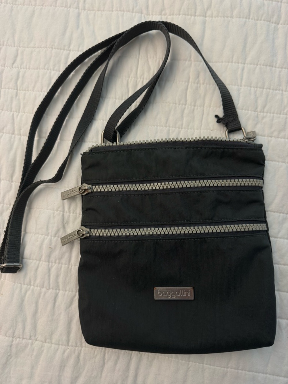 Baggallini Dark Grey  Nylon Triple-Zip Crossbody With Bright Pink Lining